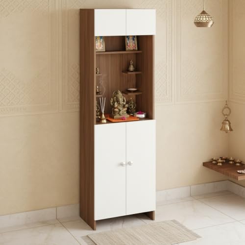 Image of FURNEASER Shivika Engineered Wood Pooja Mandir for Home | Modern Design Temple for Home & Office | Puja Stand Shelf | Prayer Cabinet Shelf (Exotic Teak & White)