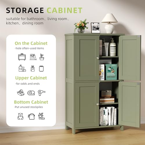 Image of Vongrasig 42.6 inch Bathroom Storage Cabinet, Modern Floor Cabinet with Doors and Adjustable Shelves, Freestanding Accent Organizer Cupboard for Living Room, Entryway, Kitchen, Green