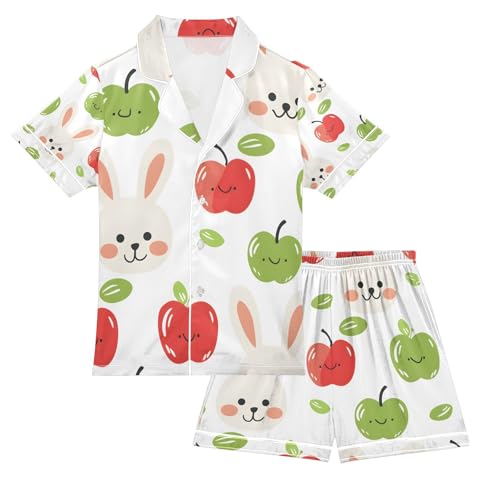 senya Rabbit and Fruit B Satin Summer Pajama Sets Silk Short Sleeve Button Down Sleepwear