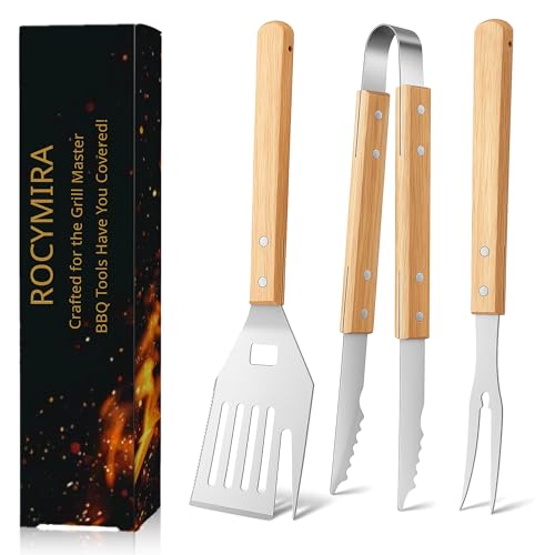 Heavy-Duty Grill Accessories BBQ Tool Sets Multi Functional Spatula with Knife Edge Fork Tongs Bottle Opener Ash Wood Handle & Thick Stainless Steel Essential Accessories for Barbecue & Grill
