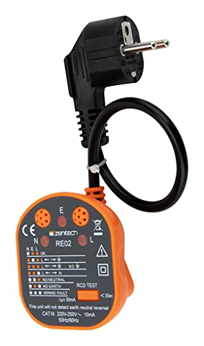 Zenitech - Probador de Tomas y Diferenciales CATIII - Verificación del Cableado 250V - Indicador de Ausencia P/N/T - Detección de Inversiones P/T y P/N - Naranja
