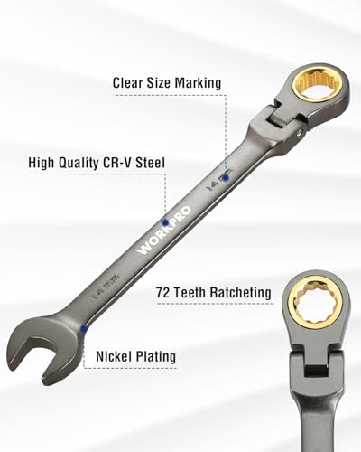 Image of WORKPRO 14 mm Flex-Head Ratcheting Combination Wrench, Nickel Plating | Cr-V Constructed, 72-Teeth, 12 Point Design, Metric, For Home Improvement, Auto Repairs, Plumbing, Constructions, Machinery