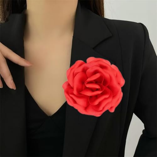 Image of Satin Fabric Rose Flower Brooches Pins for Women Elegant 3D Large Camellia Flowers Floral Lapel Pins for Valentines Day Wedding Bridal Prom Banquet Party Dress Suit Clothes Accessories