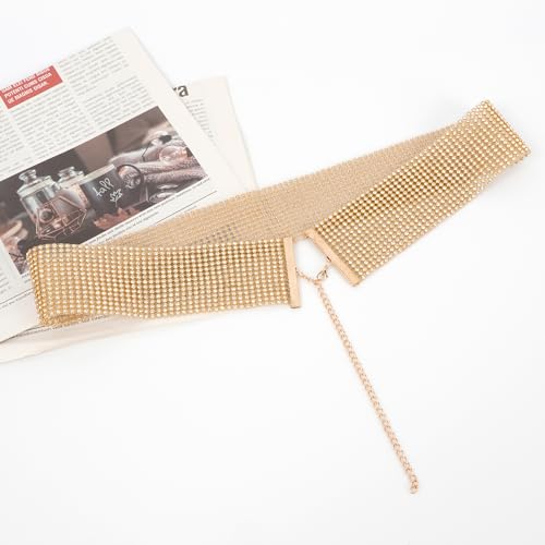 Felite Fnn Women's Glitter Rhinestone Studded Wide Elastic Metal Chain Belt Waist Belt4