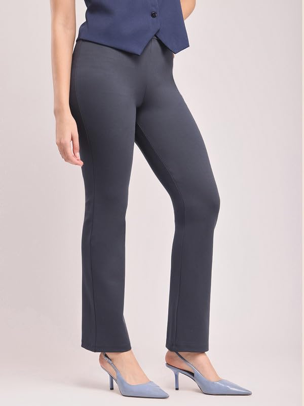 Image of FableStreet Women's Bootcut Stretch Livin Trousers | Nylon Rayon with Mid-Rise Waist | Solid Pattern & Plain Weave Fabric | Office Wear & Business Meetings