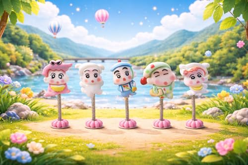 Image of Car Dashboard Bobblehead Toy Set of 6 Mini Cartoon Spring Dolls for Vehicle Interior Decoration (Cartoon Character Toy)