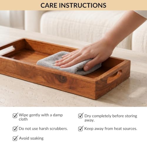 Image of Nestasia Wooden Serving Tray with Handles (36x20cm) - Acacia Wood Rectangular Brown Tray for Dining & Coffee Table | Platter for Serving Tea, Cakes, Snacks, Breakfast & Home Decor (Warm Honey-Brown)