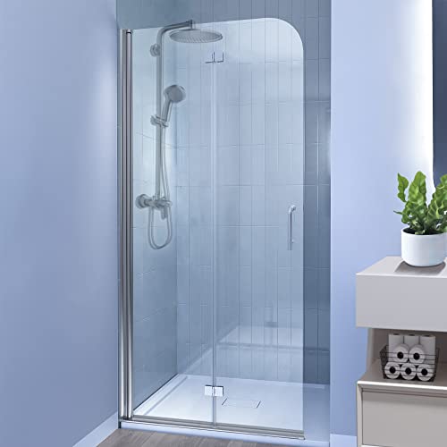 Grogro Frameless Bifold Glass Shower Door,34" W X 72" H Pivot Folding Shower Door,1/4 In Thick Clear Tempered Glass Shower Panel,Chrome Finish Shower Doors,Reversible Installation #TOP12