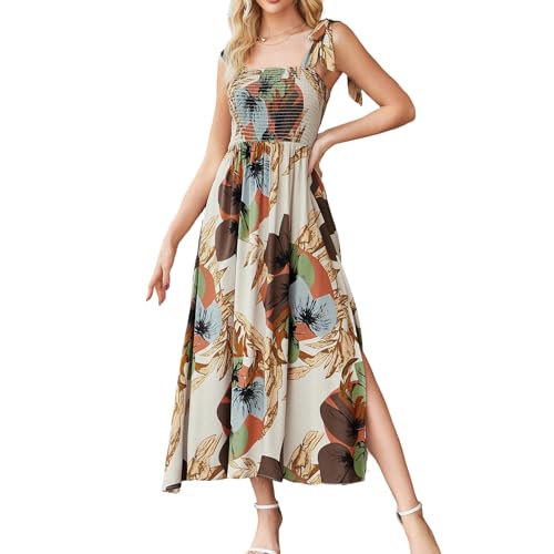 Image of BROVAVE Women Summer Floral Dress: Casual Square Neck Flowy Boho Beach Midi Sundress Sleeveless Tie Shoulder Vacation Daily