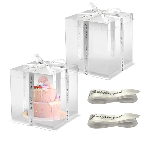 HYRYC 2pcs Cajas para Tartas Cajas para Pasteles Caja de Pastel Transparente 30 * 30 * 25cm Caja de Embalaje Pastel con Cinta para Transportar Tarta Exhibición de Postre (Blanco)