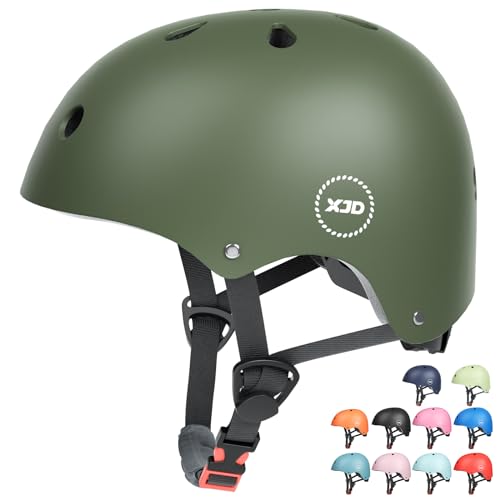 XJD Fahrradhelm Kinder Jugend Kinderhelm Einstellbare Skateboard Helm Skaterhelm für Fahrrad Skateboard Scooter Roller Kinderfahrradhelm für 3-13 Alt Mädchen und Jungen (M: 55-58 cm, Olivgrün)