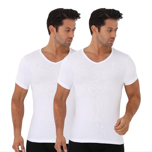 UNDEREA – Unterhemd Herren, 100% Baumwolle, V-Ausschnitt Business Kurzarm Unterziehshirt | 2er Pack Herren Unterhemden Weiss | Tank Top Herren, Atmungsaktiv & Weich (XL)