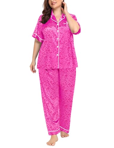Image of SWOMOG Women's Plus Size Pajamas Silk Satin Pajama Set Short Sleeve Shirt with Full-Length Pants Pjs Sleepwear Set 18W-26W
