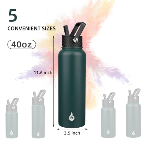 Image of BJPKPK Insulated Water Bottles with Straw Lid, 40oz Stainless Steel Metal Water Bottle with 3 Lids, Reusable Thermo, Keep Cold Hot for Sports, Gym-Army Green