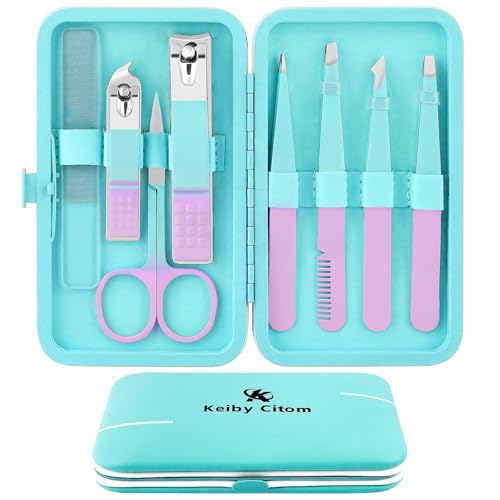 Tweezers Set and Nail Clippers 8Pcs Precision No Gaps Eyebrow Tweezer Kit for Facial Hair Men & Women Travel Tweezers with Leather Case(Violet/Cyan)