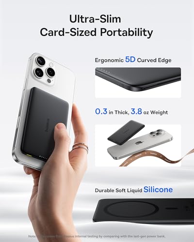 Image of Baseus Picogo Power Bank, 0.3 inch Ultra Slim 5000mAh MagSafe Portable Charger, Card-Size Magnetic Battery Pack with USB-C Braided Cable, Alloy Wireless Charger for iPhone 17 Pro Max /17 Air /16 /15 /14 /13 /12