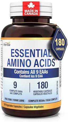 Herba Essential Amino Acids Supplement – 180 Capsules | All 9 EAA Supplement in Free Form - including Complete BCAA | Vegan Friendly | Made in Canada