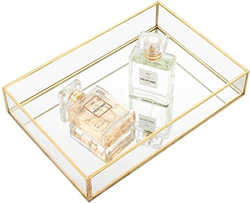 Decorative Mirror Tray, Vanity Tray, Dresser Tray, Jewelry Tray, 12 inches Big Glass Metal Tray Perfume Organizer Makeup Tray for Vanity, Dresser, Bathroom, Bedroom, 12x8x2 inches (Rectangle)