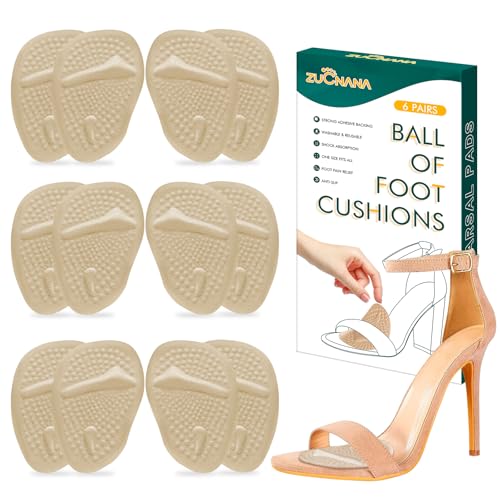 ZUCNANA Ball of Foot Cushions (Beige) | Metatarsal Pads for Women (6 Pairs Foot Pads) | Reusable Shoe Inserts for Pain Relief | Non-Slip Heel Cushion Inserts Best for Neuroma and Callus