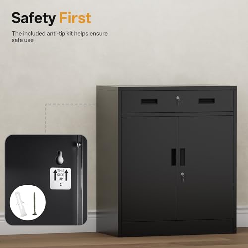 Image of Metal Storage Cabinet 36 inch H, Locking Storage Cabinet with 1 Drawer and Adjustable Shelf, Garage Storage Cabinet for Home Office, Garage, School, Apartment, Warehouse