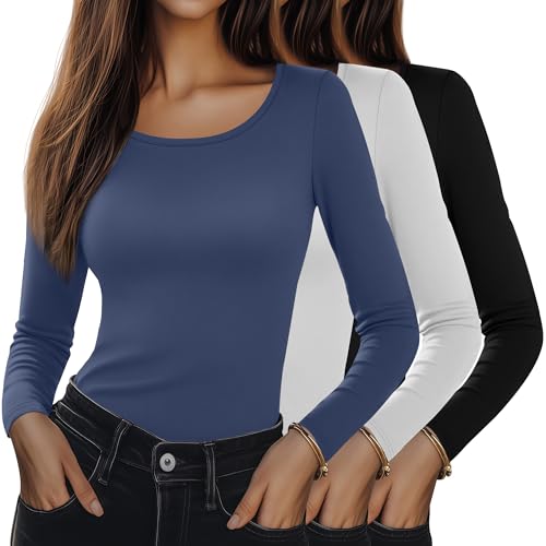 Riyiper 3 Pack Women's Long Sleeve Shirts Cotton Scoop Neck Tight Slim Fit Tops Casual Stretchy Basic Tee 2025 Fall Layer