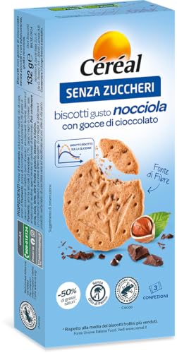 Céréal | Biscotti Gusto Nocciola con Gocce di Cioccolato Senza Zuccheri, Ricco di Fibre, 132G