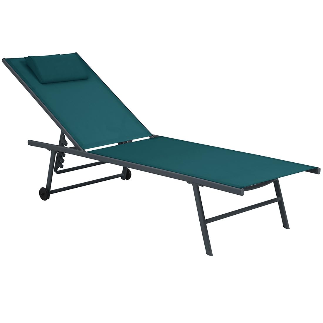 Acomoda Textil – Tumbona de Jardín Plegable y Reclinable en 5 Posiciones con Ruedas. Hamaca con Cojín Cómoda y Resistente para Terraza, Camping y Patio 185x55x32/97 cm. (Esmeralda, 1 Ud)