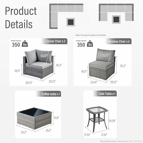 HOOOWOOO Patio Outdoor Sectional Furniture Sofa Set,7 Piece U Shaped Corner Wicker Rattan Couch Set,Rustic 6 Persons Summer Patio Conversation Set for Outside Porch Deck Garden(Charcoal Gray)