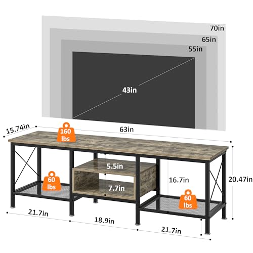 Image of VECELO Industrial TV Stand for 70 Inch Television Cabinet 3-Tier Console with Open Storage Shelves, Entertainment Center Metal Frame for Living Room, Bedroom, 63 Inch, Light Grey