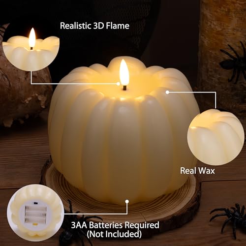 Image of Fall Flameless Candles with Remote, Real Wax Pumpkin Shaped Candle | Flickering Ivory Battery Operated Candles, Remote Included, For Autumn, Harvest, Thanksgiving, Halloween, Home, Party Decor