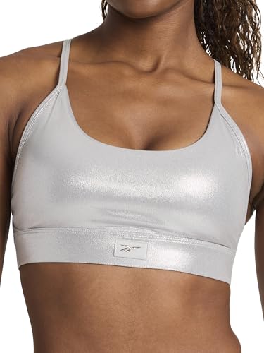 Reebok Womens Lux Chrome Strappy Bra Slim Fit Lightweight Stretch Poly Motion Interlock Fabric Vector Chrome Medium