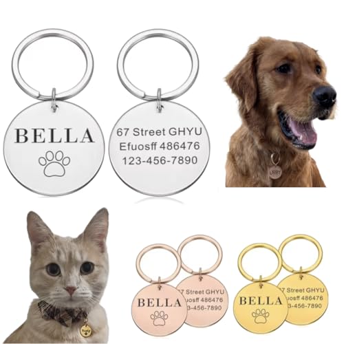 Médaille Chien Chat Gravée Personnalisée en inox - Etiquettes plaque d'identification pour animaux avec Prénom Adresse Téléphone en acier inoxydable -...