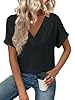 ELFIN Womens Short Sleeve Tshirts Cross Collar Deep V Neck Tops Casual T-Shirt Plain Tops Summer Loose Blouse Black #3