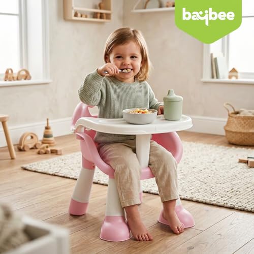Image of Baybee Booster Seat for Baby | Feeding Chair with Tray | Portable Dining Seat for Toddlers | Baby Feeding Solution for Home & Travel (0-6 Years, Pink)