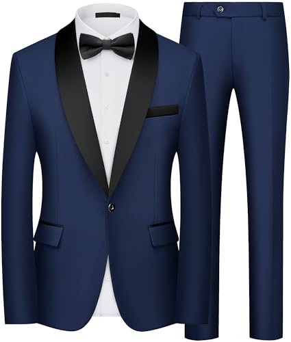 Costume Homme 2 Pièces Slim Fit Smoking Revers Châle 1 Bouton Veste et Pantalon pour Mariage Cérémonie Dîner Business Bal de Promo Bleu Marine M