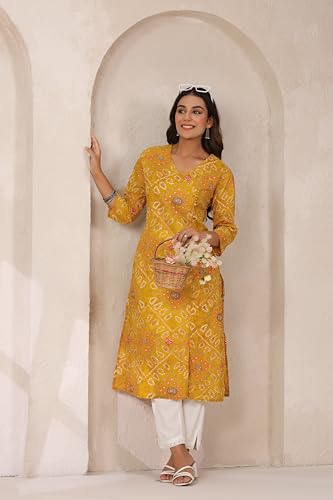Image of Ichaa Women's Cotton Kurta | Printed Straight Kurta | V-Neck, 3 /4th Sleeve, Ethnic Wear