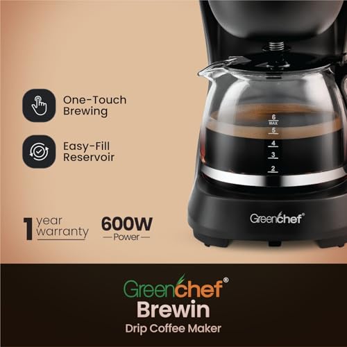 Image of GREENCHEF Brewin Drip Coffee Maker 600W | Borosilicate Glass Carafe | One-Touch Brewing | Drip-Stop Function | Dishwasher-Safe | 600ml Capacity With Filter |