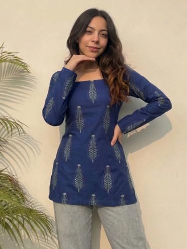 Image of ANNI Designer Women's Viscose Blend Printed Short Kurti | Straight Fit Ethnic Top with Square Neck | Bell Sleeve Indian Kurta for Office College, Party