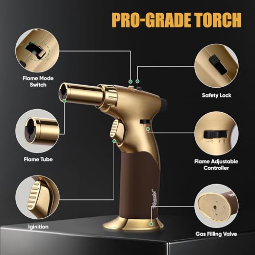 Image of KOACKL Dual Flame Butane Torch Lighter, Refillable Kitchen Torch, Adjustable Flame with Ignition Lock Mini Blow Torch for Cooking, Creme Brulee, Soldering, Welding (Butane Gas Not Included)