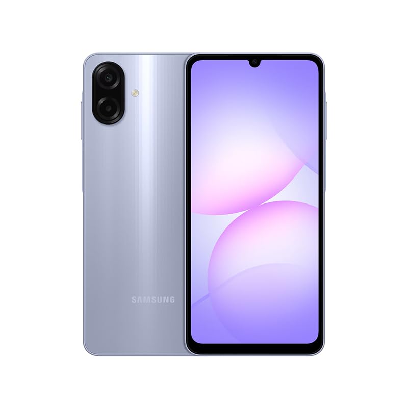 Mua view of the Samsung Galaxy A07 4G smartphone with a vibrant purple and pink wallpaper.