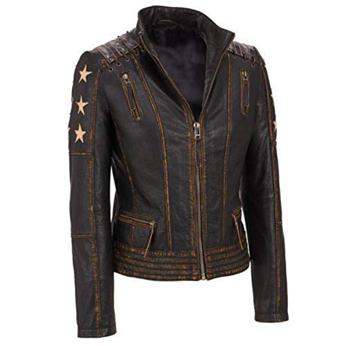 Aksah Fashion Veste de moto vintage en cuir véritable marron foncé | Veste de moto en cuir véritable pour femme, marron, XS