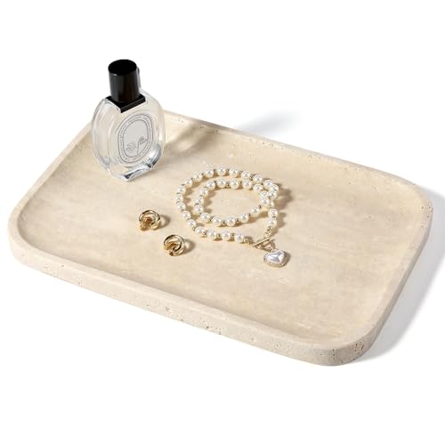 Koville Romano Travertine Tray 12x8 Natural Stone Vanity Tray for Countertop Bathroom Kitchen Dresser Decorative Marble Catchall Trays for Perfume Jewelry Rectangular Serving Tray(Beige)