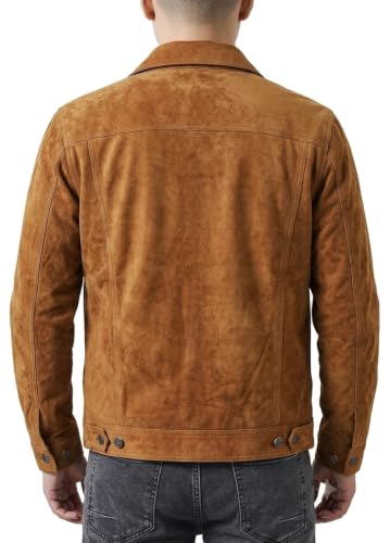 Image of Premium Brown Suede Trucker Leather Jacket Mens | Shirt Collar, Button Front, Chest Flap Pockets, Cuff Buttons, Waist Tab Adjusters, Polyester Lined, Inside Pocket