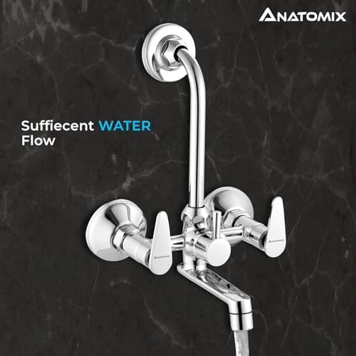 Image of ANATOMIX Sigma Brass Wall Mixer for Bathroom with Stainless Steel 125mm Long L-Bend Provision for Overhead Shower, Chrome Finish