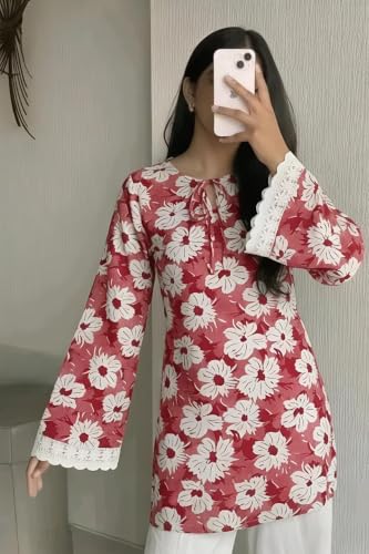 Image of Women's Floral Print Kurti with Lace Bell Sleeves, Red | Tie-Neck Detail, Bell Sleeves, Lace Trim Cuffs, Ethnic Wear