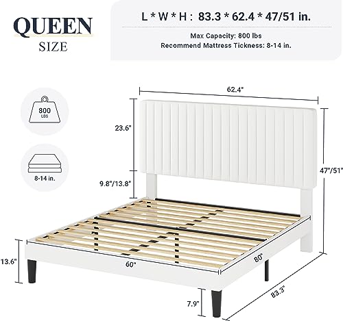Image of Allewie Queen Bed Frame, Velvet Upholstered Platform Bed with Adjustable Vertical Channel Tufted Headboard, Mattress Foundation with Strong Wooden Slats, Box Spring Optional, Easy Assembly, Off-White