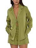 DEEP SELF Womens Two Piece Satin Pajamas Sets Tie Front Long Sleeve Tops and Shorts PJs Soft Sleepwear Set (Mint Green, Large)