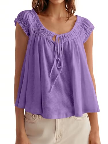 Image of Tankaneo Women Summer Tie Front Tank Tops Cap Sleeve Pleated Babydoll Tops Casual Loose Fit Going Out Flowy Shirt