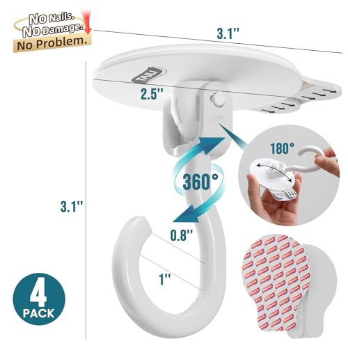 Image of TAILI Adhesive Ceiling Hooks for Hanging Plants, No-Drill 4 Pack White