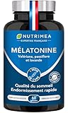 MELATONINE 1,9 mg - Complexe Sommeil avec Valériane, Passiflore & Huile Essentielle de Lavande - Régule l'Horloge Biologique & Limite le Jetlag - Nutrimea - 60 Gélules Vegan - Fabriqué en France